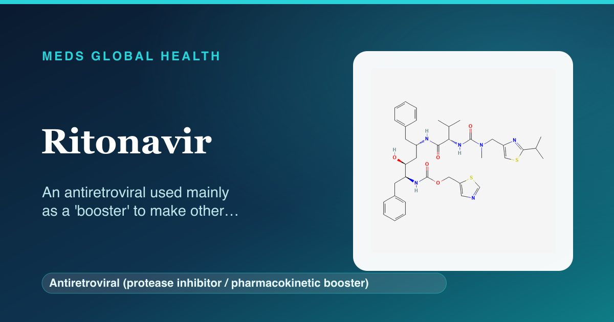 Ritonavir (Antiretroviral (protease inhibitor / pharmacokinetic booster)) — Meds Global Health reference card with 2D molecular structure