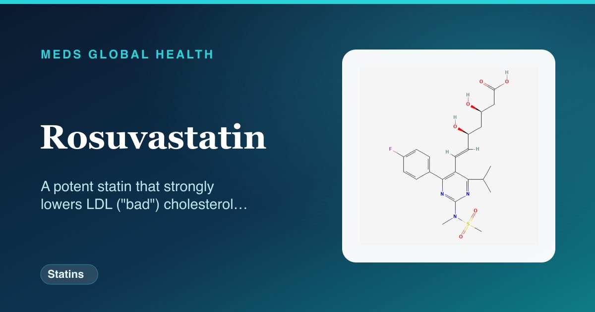 Rosuvastatin (Statins) — Meds Global Health reference card with 2D molecular structure
