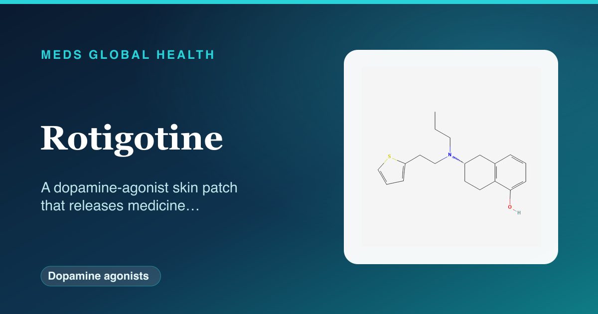 Rotigotine (Dopamine agonists) — Meds Global Health reference card with 2D molecular structure