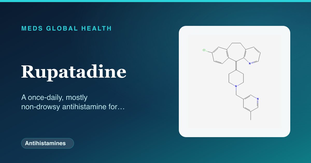 Rupatadine (Antihistamines) — Meds Global Health reference card with 2D molecular structure