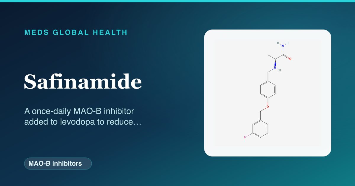 Safinamide (MAO-B inhibitors) — Meds Global Health reference card with 2D molecular structure