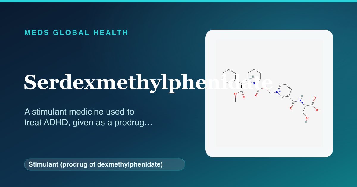 Serdexmethylphenidate (Stimulant (prodrug of dexmethylphenidate)) — Meds Global Health reference card with 2D molecular structure