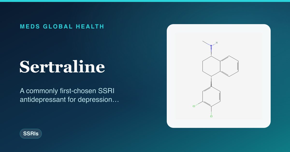 Sertraline (SSRIs) — Meds Global Health reference card with 2D molecular structure