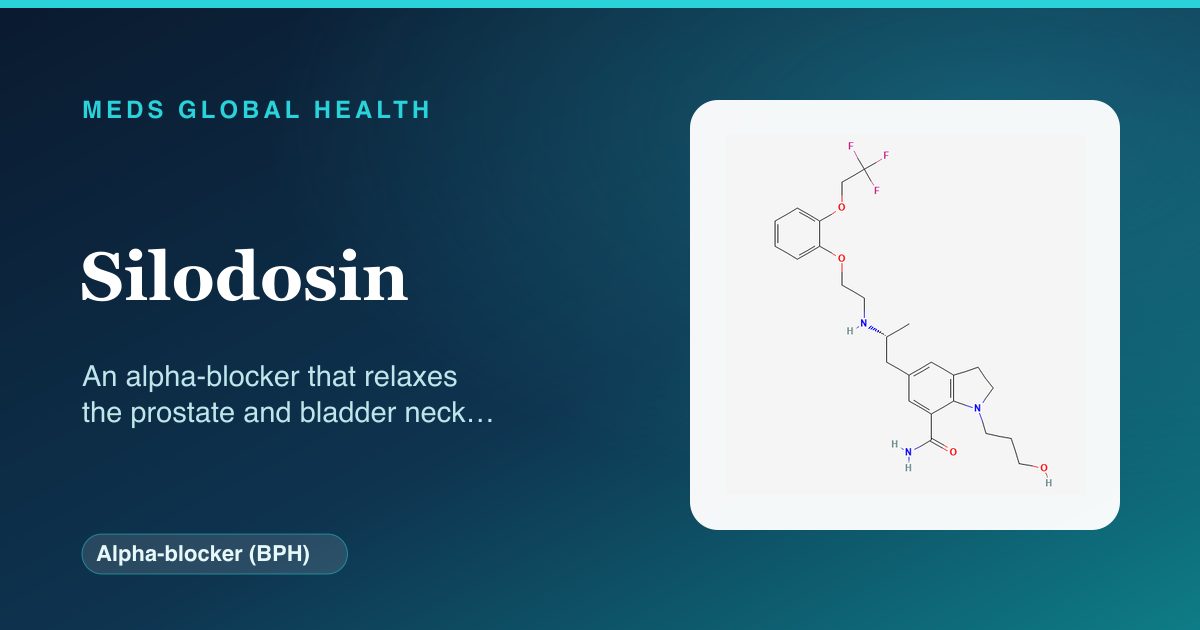 Silodosin (Alpha-blocker (BPH)) — Meds Global Health reference card with 2D molecular structure