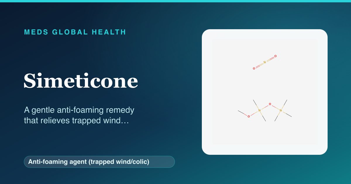Simeticone (Anti-foaming agent (trapped wind/colic)) — Meds Global Health reference card with 2D molecular structure