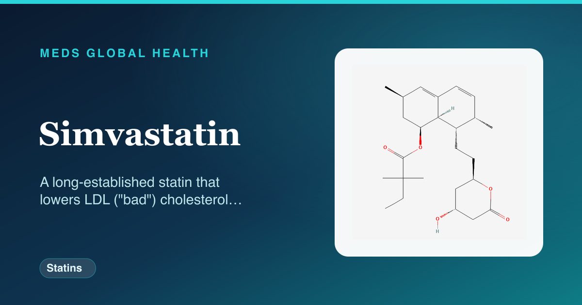 Simvastatin (Statins) — Meds Global Health reference card with 2D molecular structure