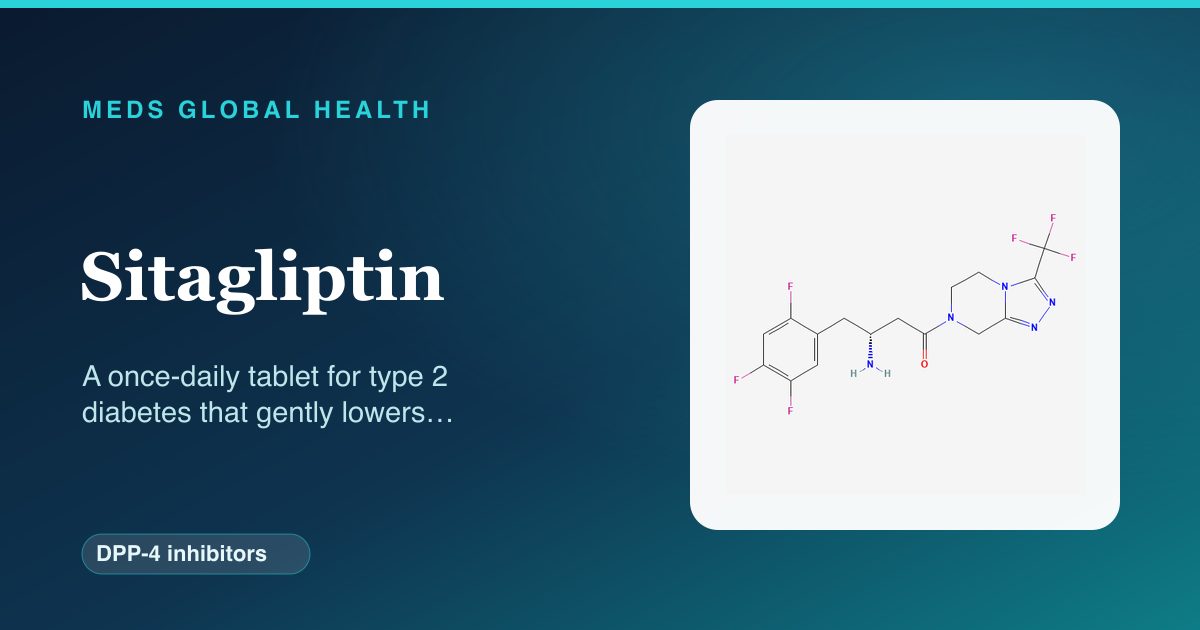 Sitagliptin (DPP-4 inhibitors) — Meds Global Health reference card with 2D molecular structure
