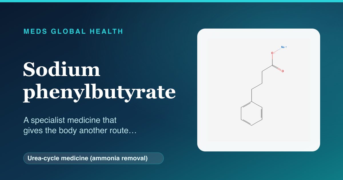Sodium phenylbutyrate (Urea-cycle medicine (ammonia removal)) — Meds Global Health reference card with 2D molecular structure