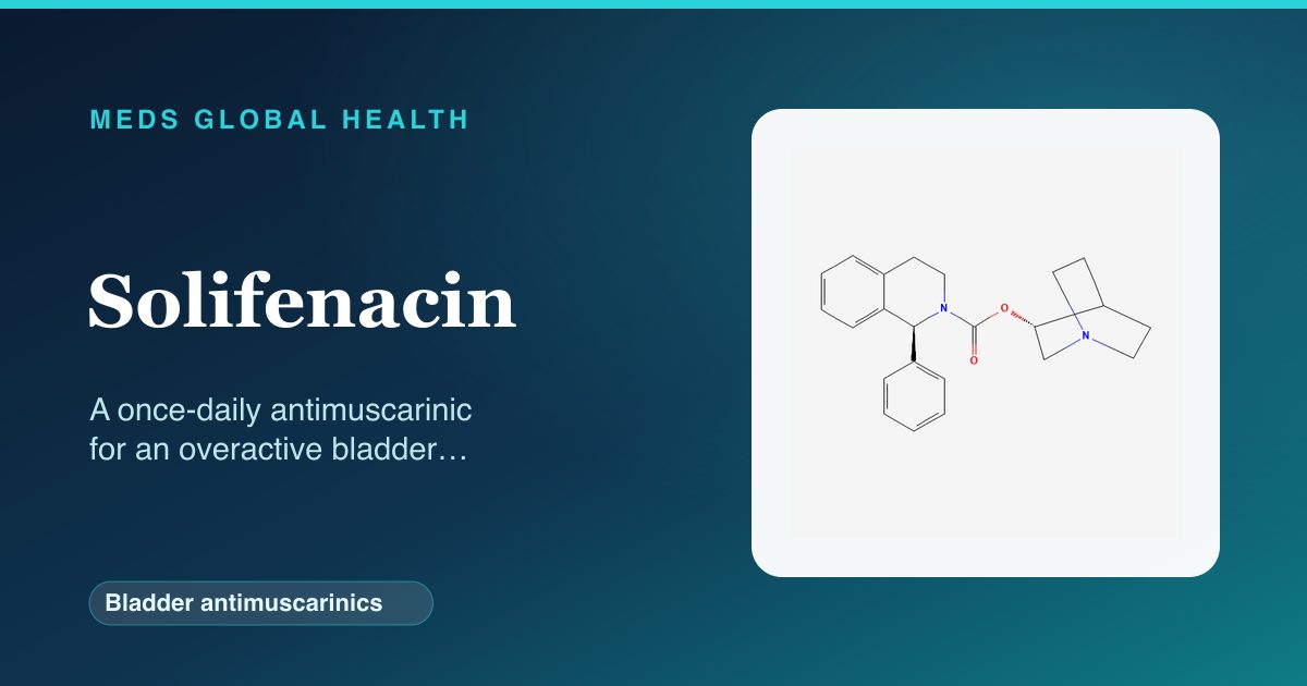 Solifenacin (Bladder antimuscarinics) — Meds Global Health reference card with 2D molecular structure