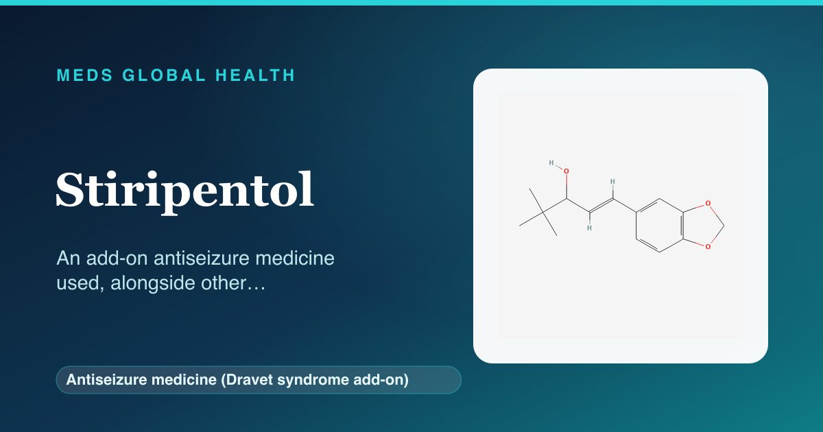Stiripentol (Antiseizure medicine (Dravet syndrome add-on)) — Meds Global Health reference card with 2D molecular structure