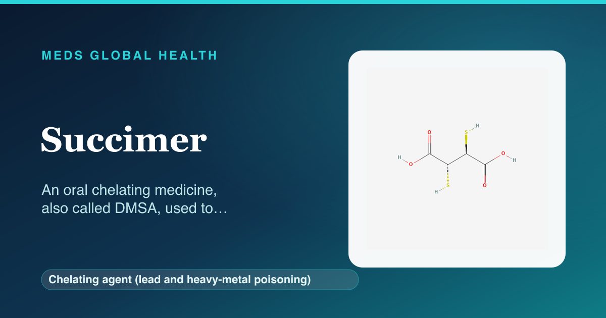 Succimer (Chelating agent (lead and heavy-metal poisoning)) — Meds Global Health reference card with 2D molecular structure