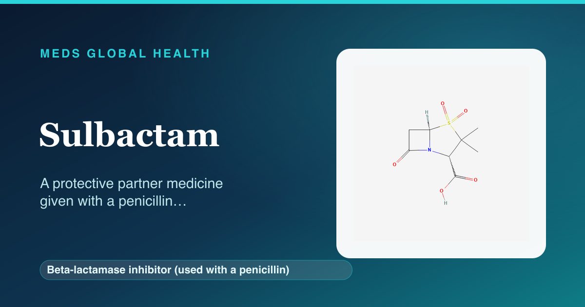 Sulbactam (Beta-lactamase inhibitor (used with a penicillin)) — Meds Global Health reference card with 2D molecular structure
