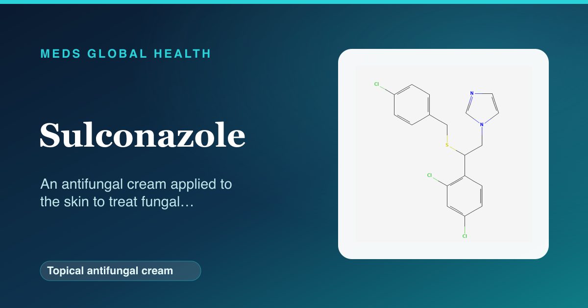 Sulconazole (Topical antifungal cream) — Meds Global Health reference card with 2D molecular structure