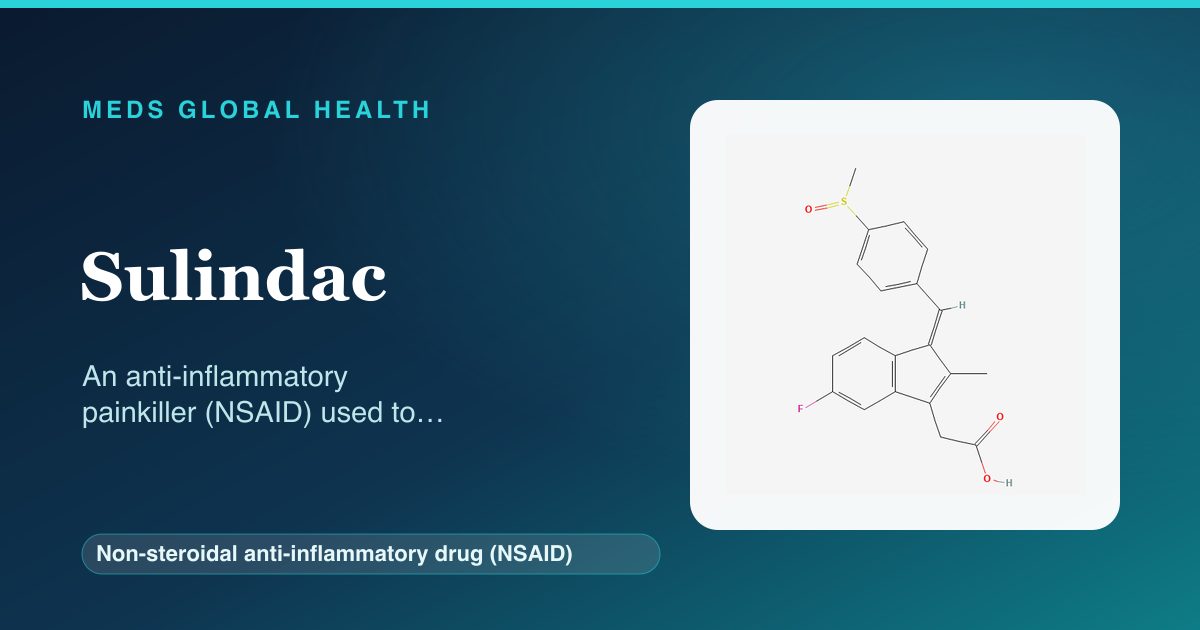 Sulindac (Non-steroidal anti-inflammatory drug (NSAID)) — Meds Global Health reference card with 2D molecular structure