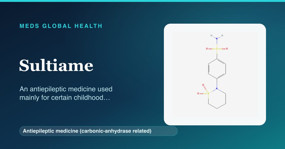 Sultiame (Antiepileptic medicine (carbonic-anhydrase related)) — Meds Global Health reference card with 2D molecular structure