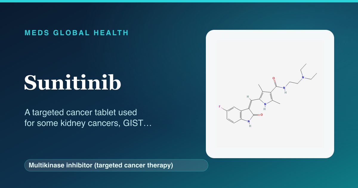 Sunitinib (Multikinase inhibitor (targeted cancer therapy)) — Meds Global Health reference card with 2D molecular structure