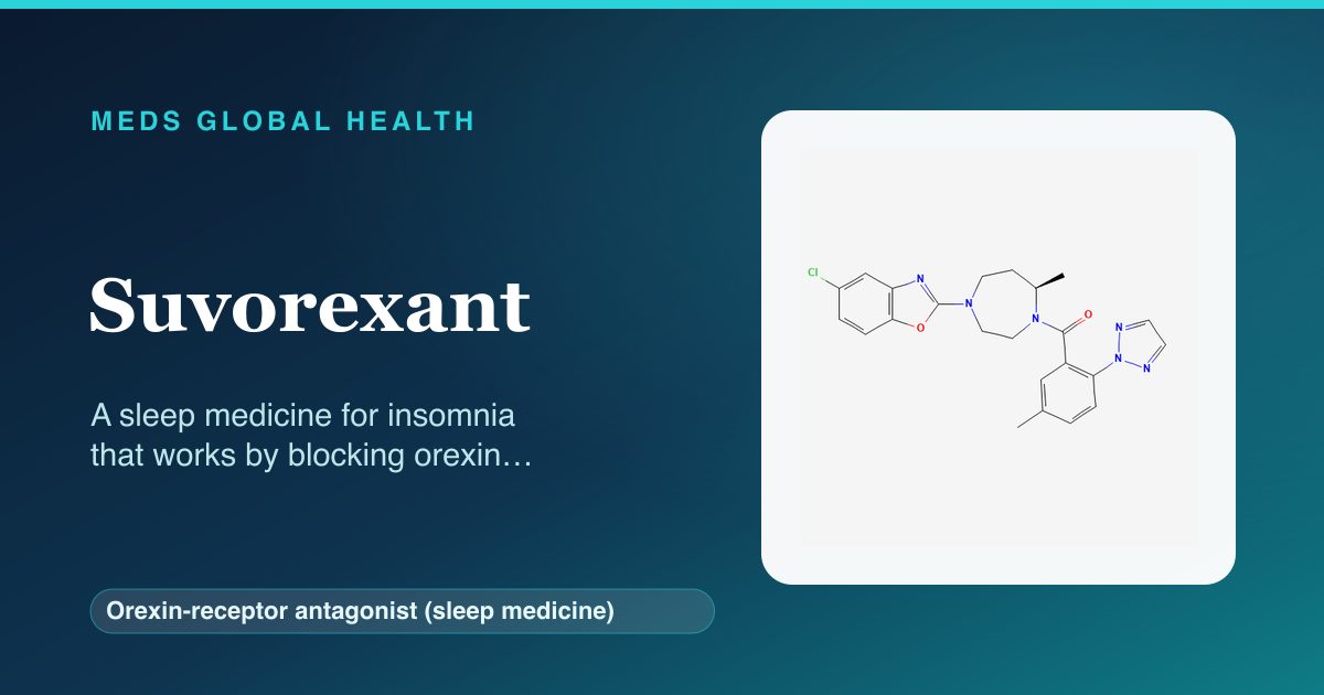 Suvorexant (Orexin-receptor antagonist (sleep medicine)) — Meds Global Health reference card with 2D molecular structure