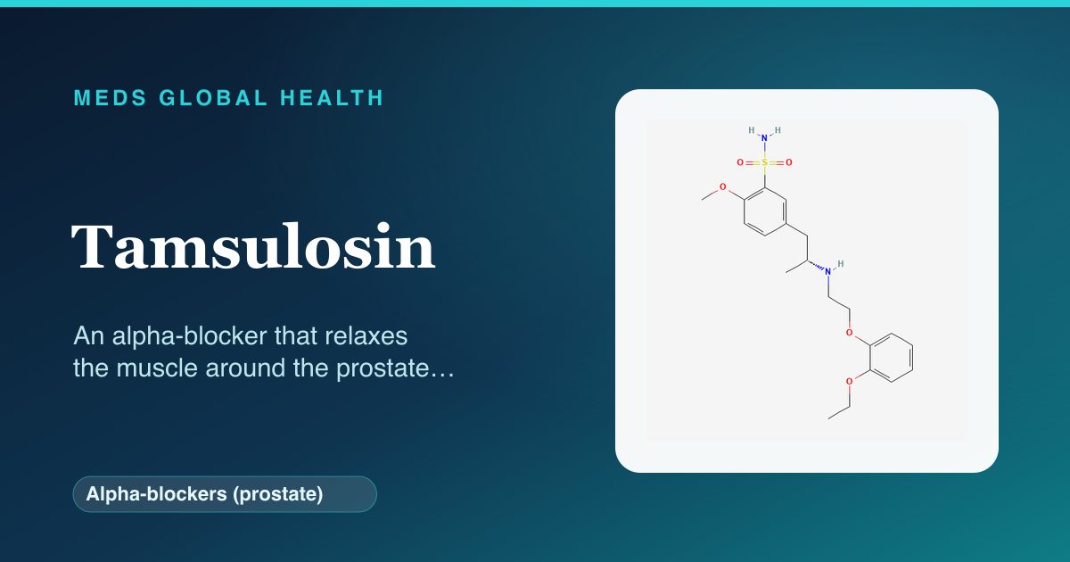 Tamsulosin (Alpha-blockers (prostate)) — Meds Global Health reference card with 2D molecular structure