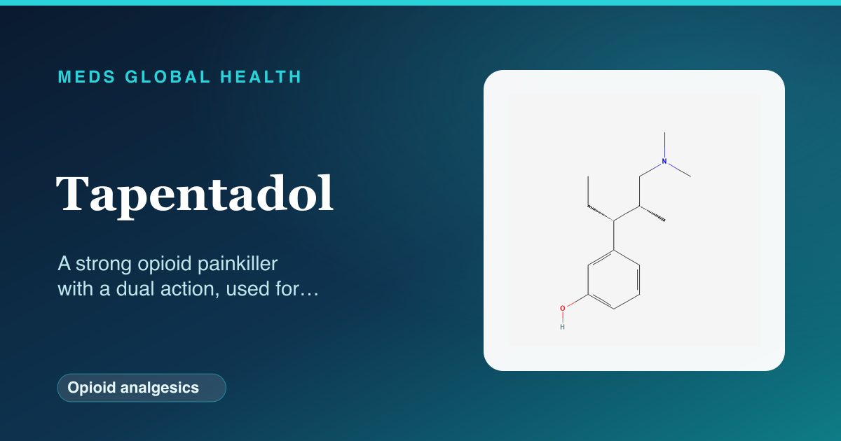 Tapentadol (Opioid analgesics) — Meds Global Health reference card with 2D molecular structure