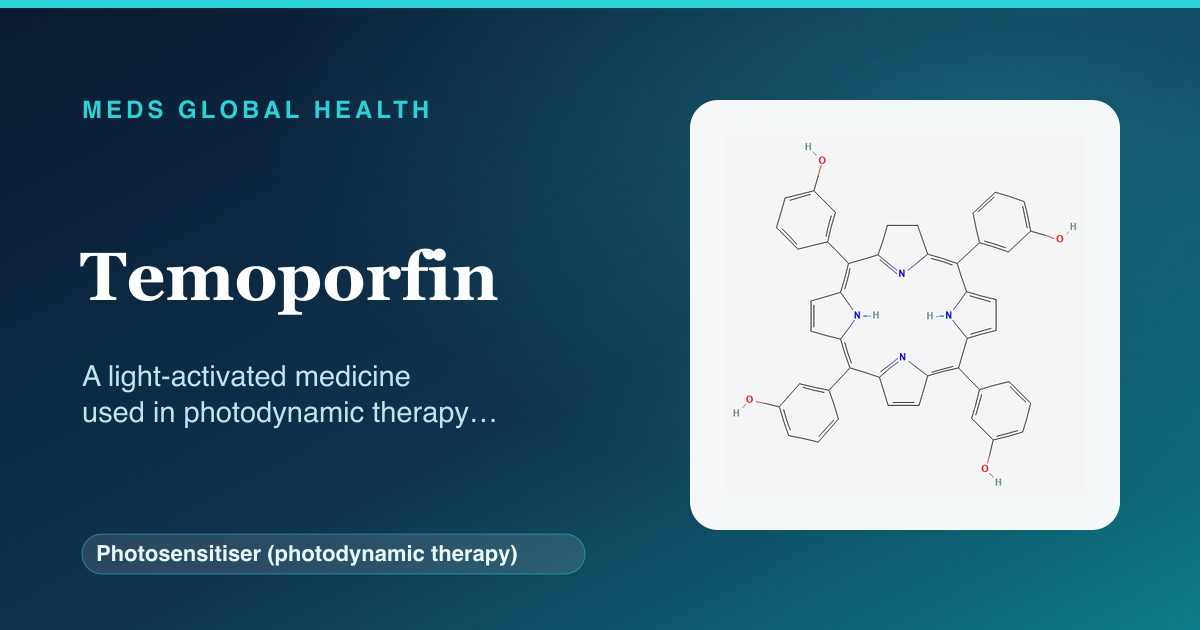 Temoporfin (Photosensitiser (photodynamic therapy)) — Meds Global Health reference card with 2D molecular structure