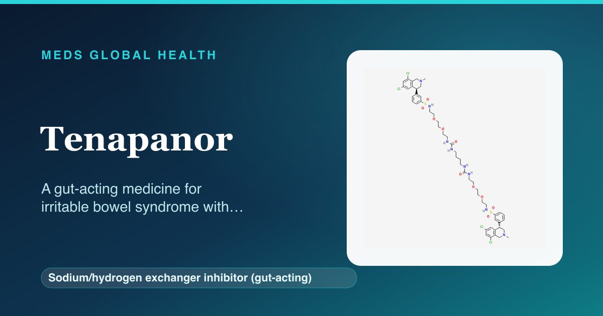 Tenapanor (Sodium/hydrogen exchanger inhibitor (gut-acting)) — Meds Global Health reference card with 2D molecular structure
