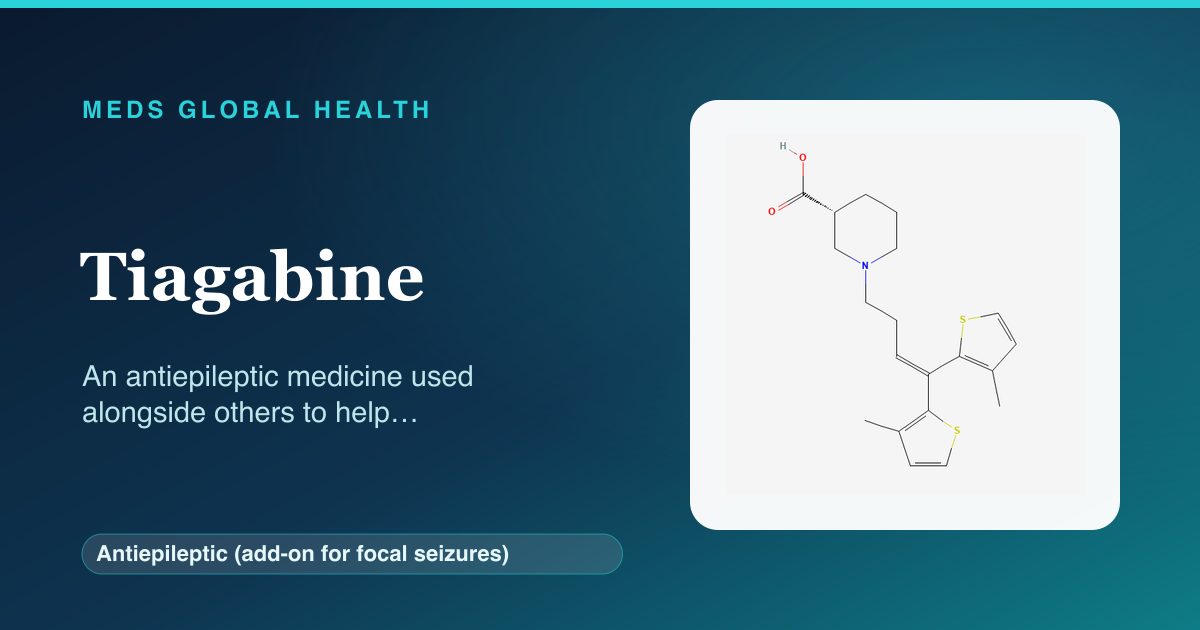 Tiagabine (Antiepileptic (add-on for focal seizures)) — Meds Global Health reference card with 2D molecular structure