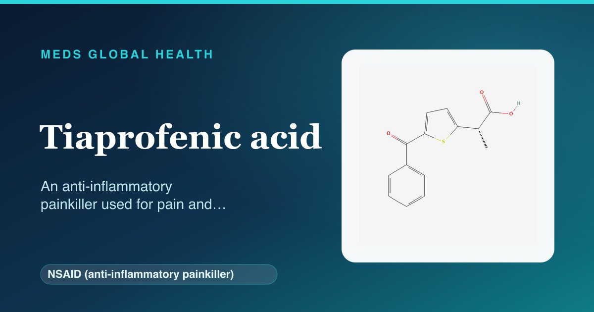 Tiaprofenic acid (NSAID (anti-inflammatory painkiller)) — Meds Global Health reference card with 2D molecular structure