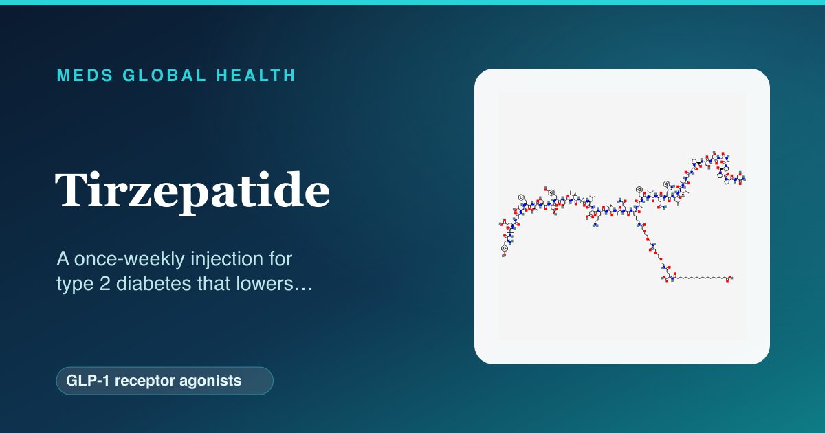 Tirzepatide (GLP-1 receptor agonists) — Meds Global Health reference card with 2D molecular structure