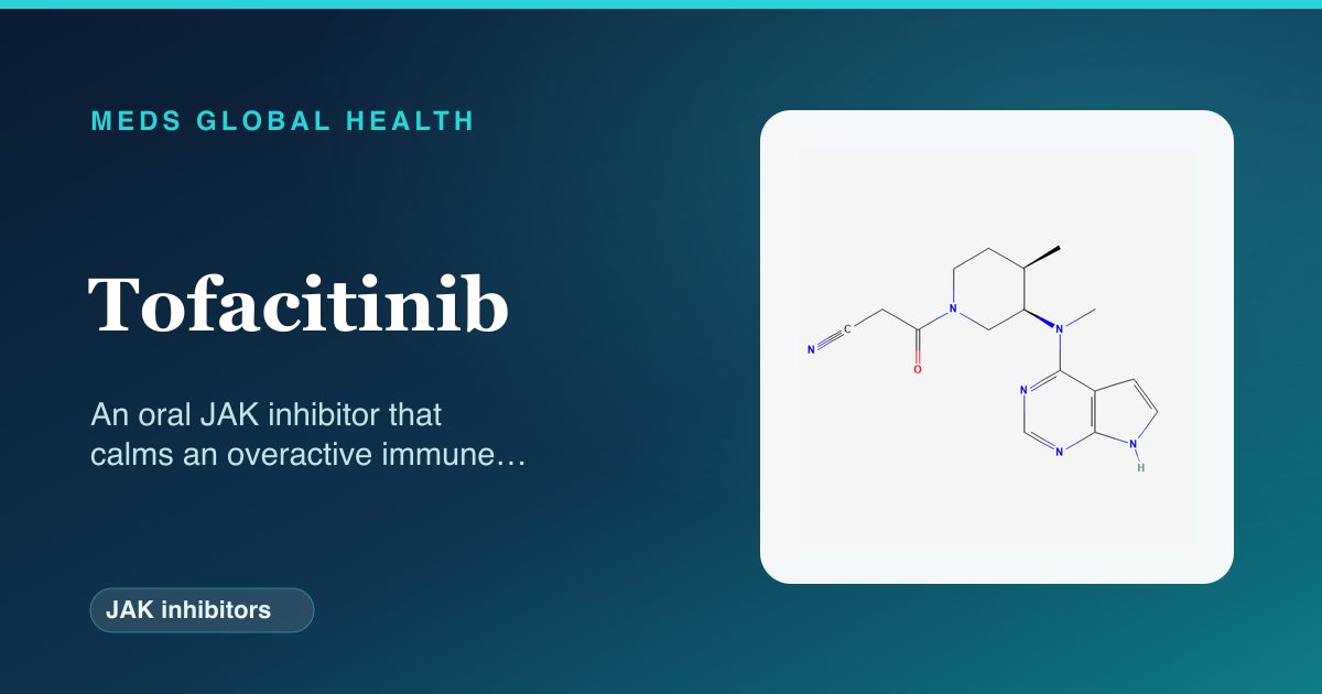 Tofacitinib (JAK inhibitors) — Meds Global Health reference card with 2D molecular structure