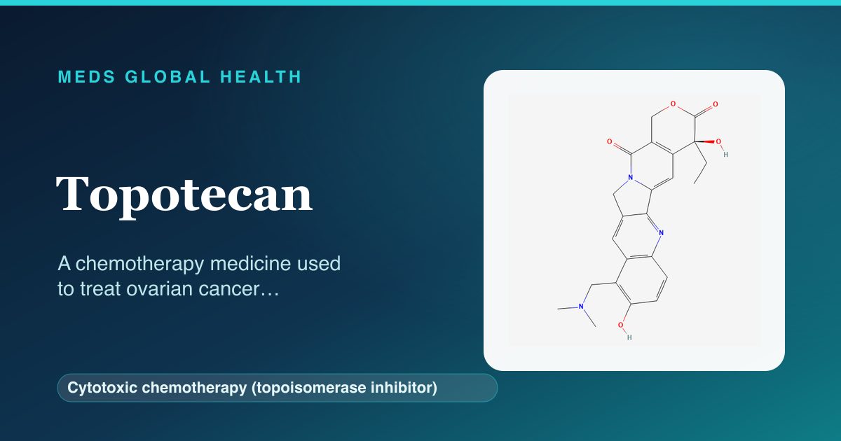 Topotecan (Cytotoxic chemotherapy (topoisomerase inhibitor)) — Meds Global Health reference card with 2D molecular structure