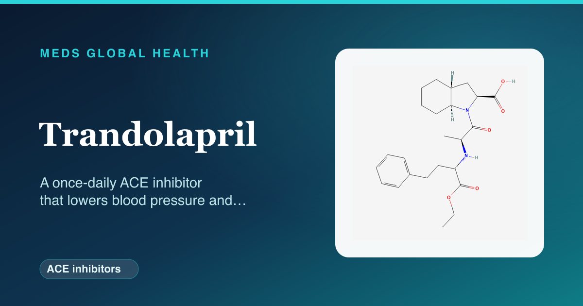 Trandolapril (ACE inhibitors) — Meds Global Health reference card with 2D molecular structure