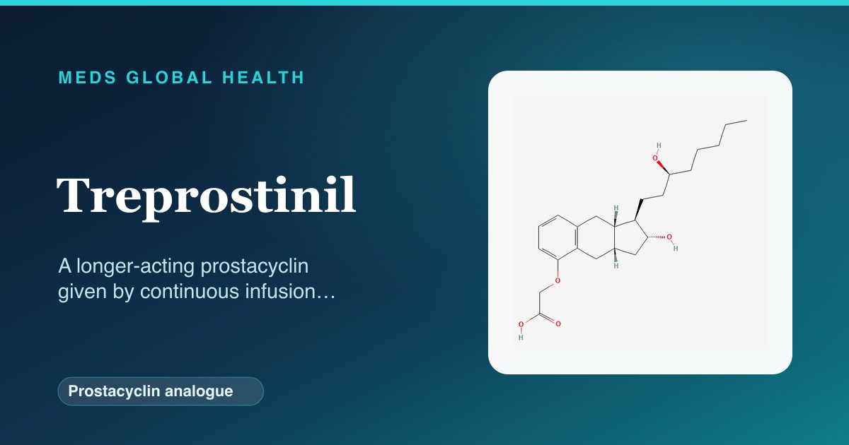 Treprostinil (Prostacyclin analogue) — Meds Global Health reference card with 2D molecular structure
