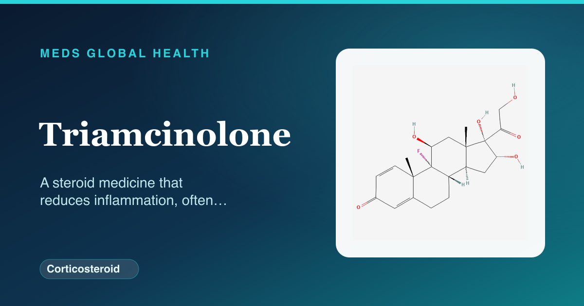 Triamcinolone (Corticosteroid) — Meds Global Health reference card with 2D molecular structure
