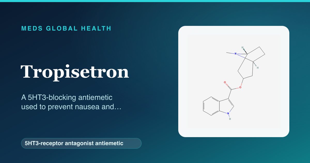 Tropisetron (5HT3-receptor antagonist antiemetic) — Meds Global Health reference card with 2D molecular structure