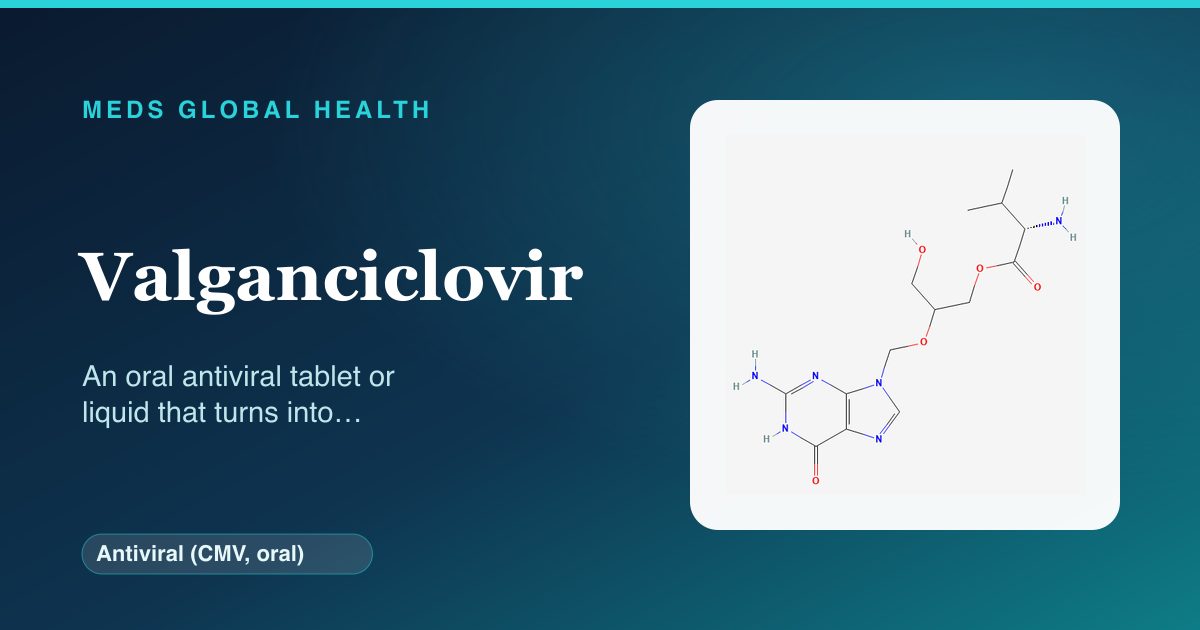 Valganciclovir (Antiviral (CMV, oral)) — Meds Global Health reference card with 2D molecular structure