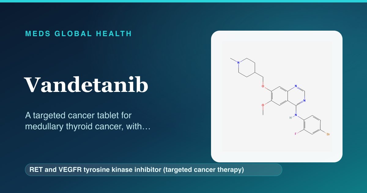 Vandetanib (RET and VEGFR tyrosine kinase inhibitor (targeted cancer therapy)) — Meds Global Health reference card with 2D molecular structure