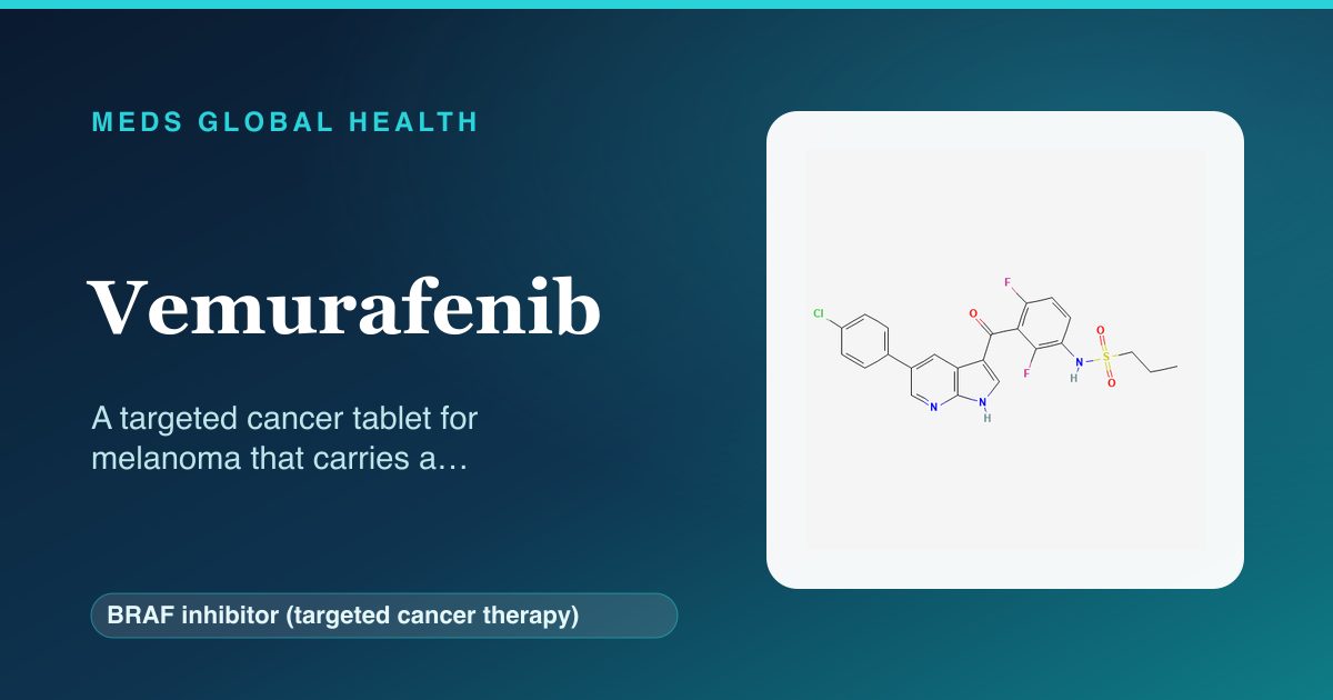 Vemurafenib (BRAF inhibitor (targeted cancer therapy)) — Meds Global Health reference card with 2D molecular structure