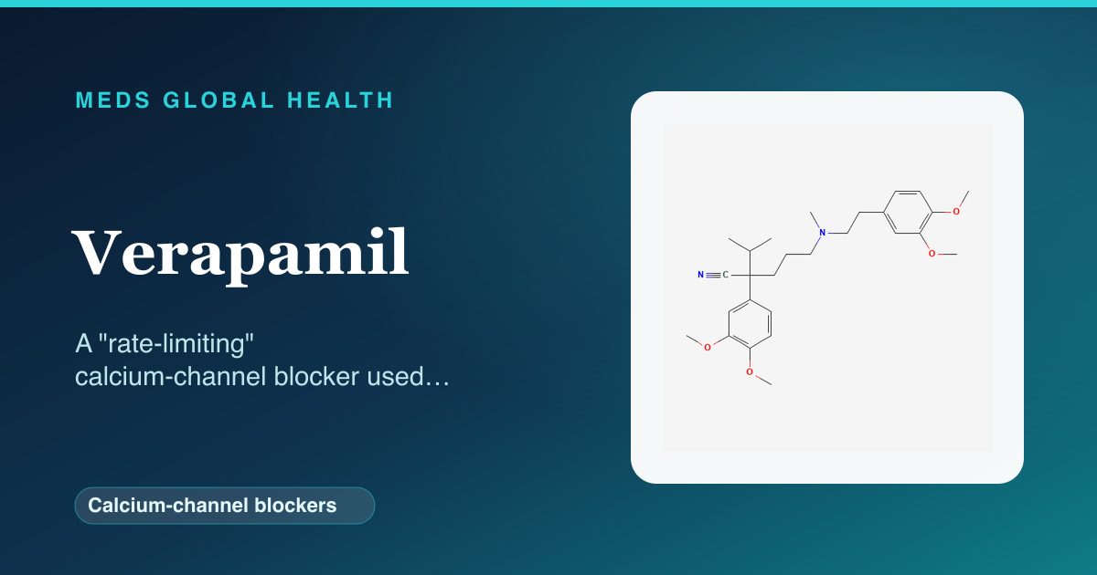 Verapamil (Calcium-channel blockers) — Meds Global Health reference card with 2D molecular structure